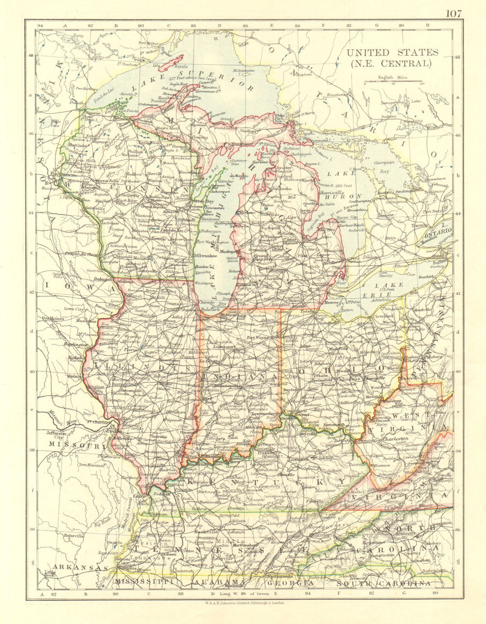 USA MID WEST. Wisconsin Michigan Illinois Ohio Indiana Kentucky TN 1906 map