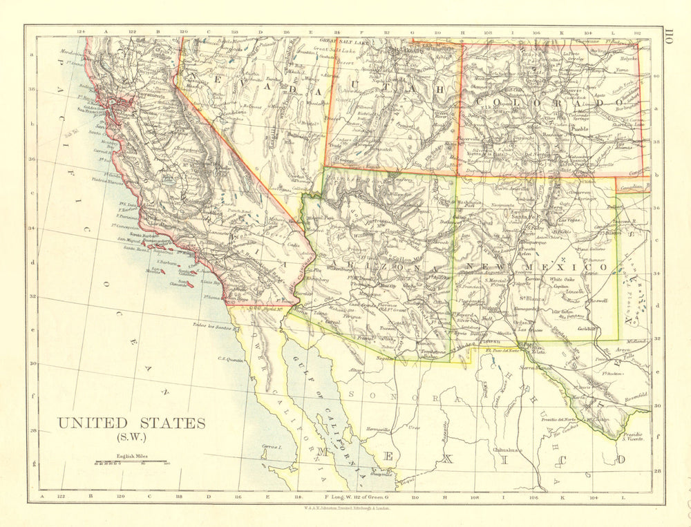 USA SOUTH WEST. California Arizona NM Colorado Utah Nevada.  JOHNSTON 1906 map