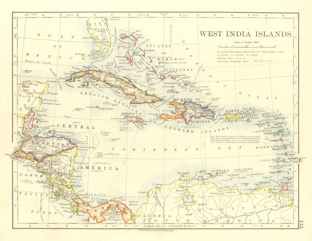 WEST INDIA ISLANDS. Caribbean Lucayas Windward/Leeward Is.  JOHNSTON 1906 map