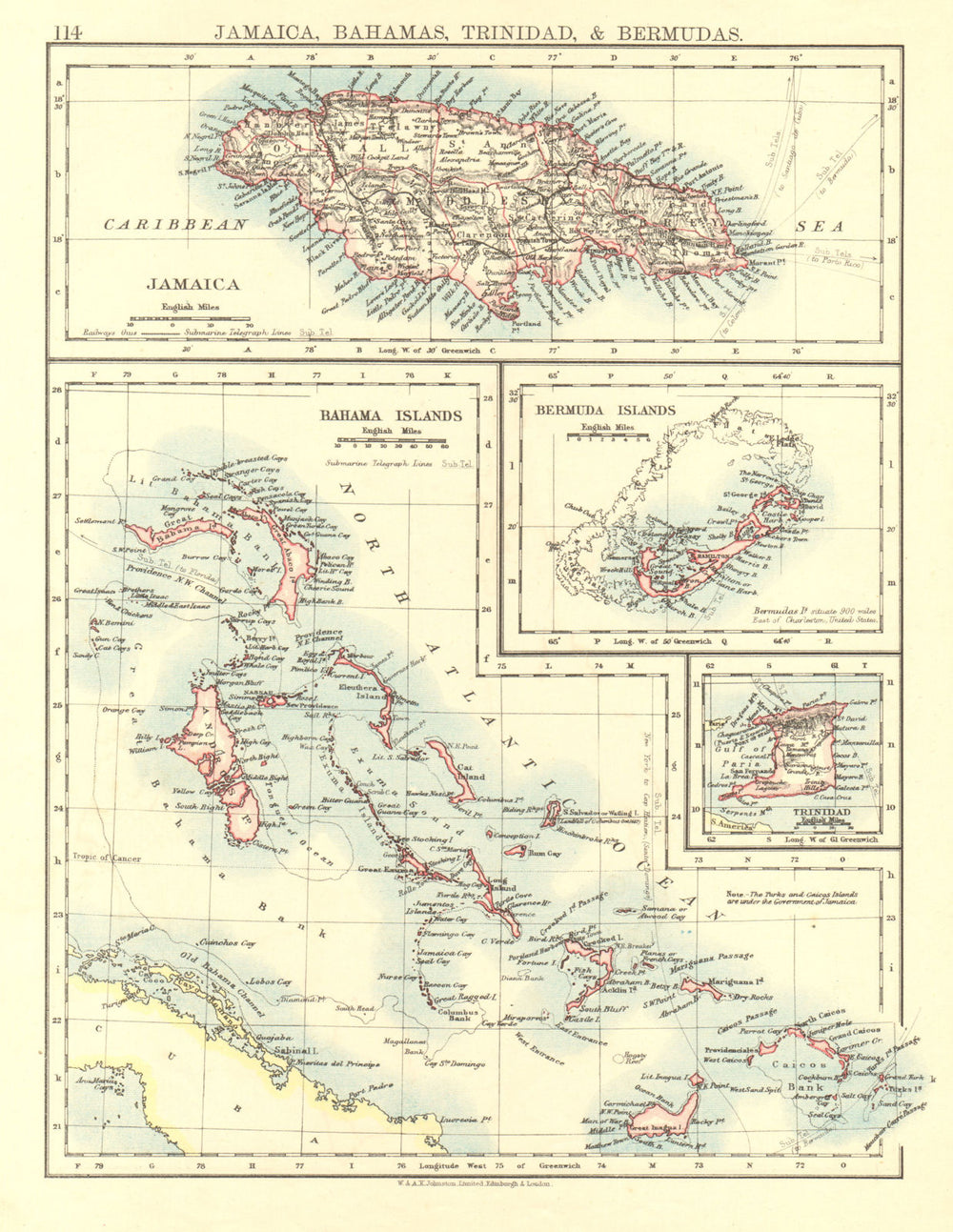 CARIBBEAN/ATLANTIC ISLANDS.Jamaica Bermuda Bahamas Trinidad.  JOHNSTON 1906 map