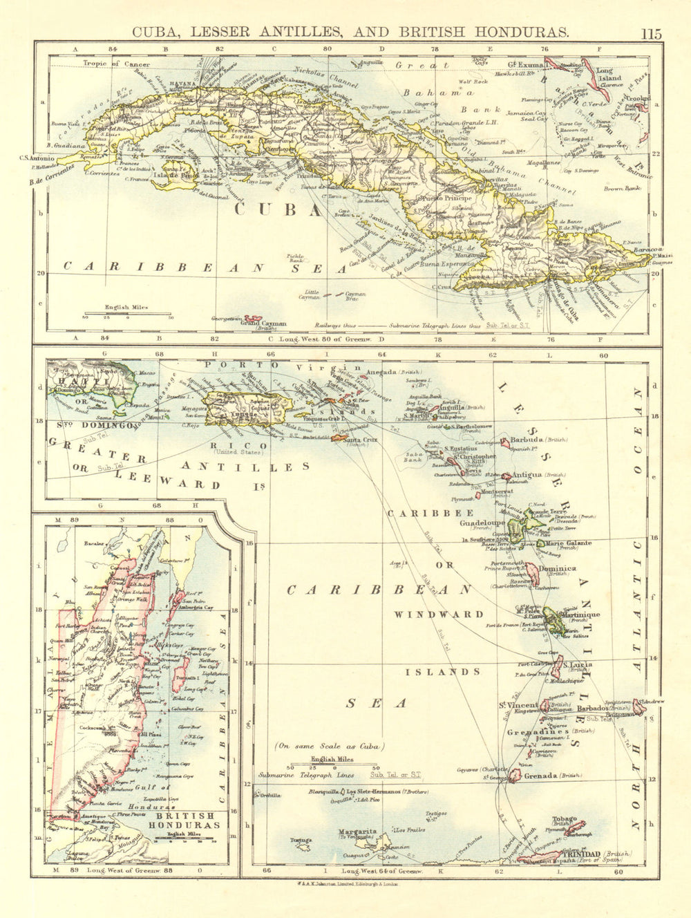 CARIBBEAN ISLANDS.Cuba British Honduras Windward/Leeward.  JOHNSTON 1906 map