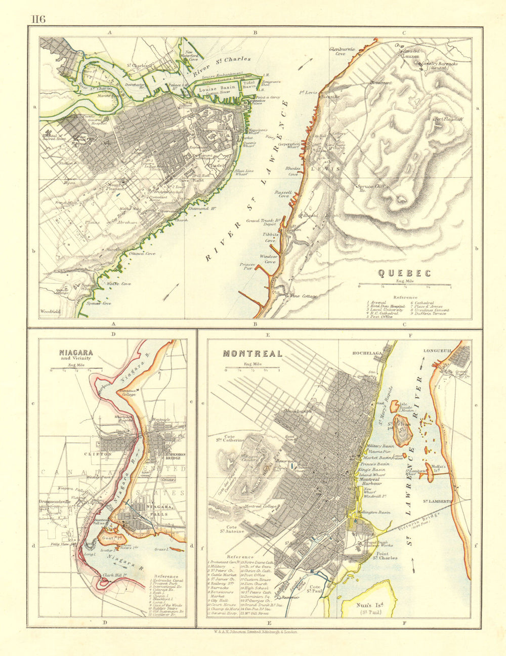 CANADIAN CITIES.Quebec Montreal Montréal Niagara Falls plans.  JOHNSTON 1906 map