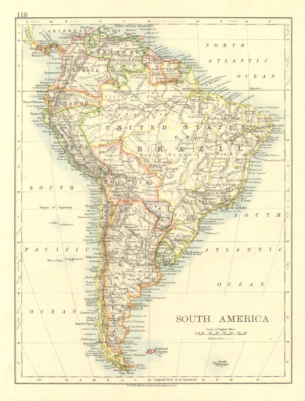 SOUTH AMERICA. Bolivia includes Gran Chaco, now in Paraguay. JOHNSTON 1906 map