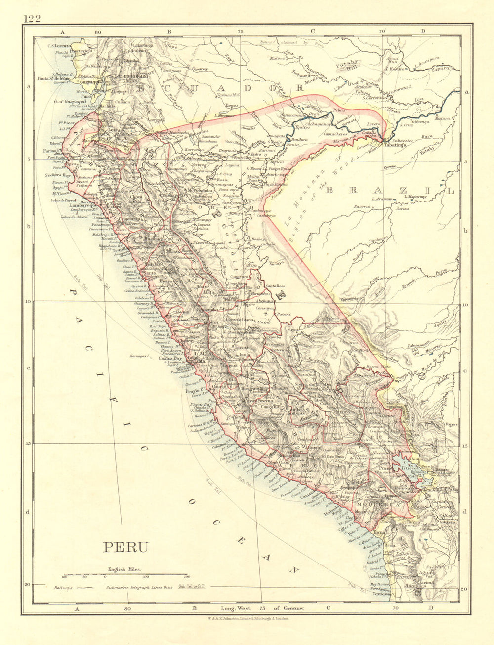 PERU. Border as before Peru-Ecuador war (1941).  JOHNSTON 1906 old antique map
