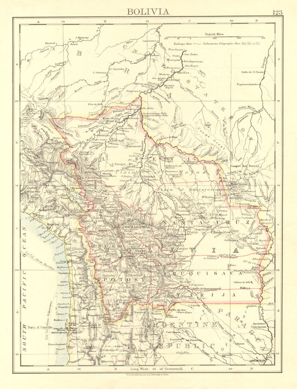 BOLIVIA inc. North Gran Chaco lost to Paraguay in 1932-35 war. JOHNSTON 1906 map