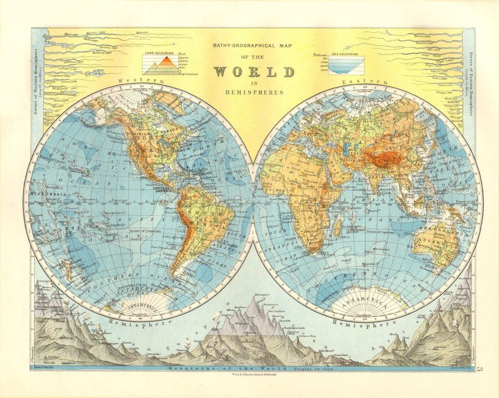 WORLD TWIN HEMISPHERES. Relief. Mountains. Rivers. JOHNSTON 1920 old map