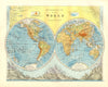 WORLD TWIN HEMISPHERES. Relief. Mountains. Rivers. JOHNSTON 1920 old map