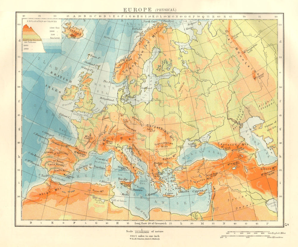 EUROPE PHYSICAL. Relief Ocean depths Key mountains Plains. JOHNSTON 1920 map