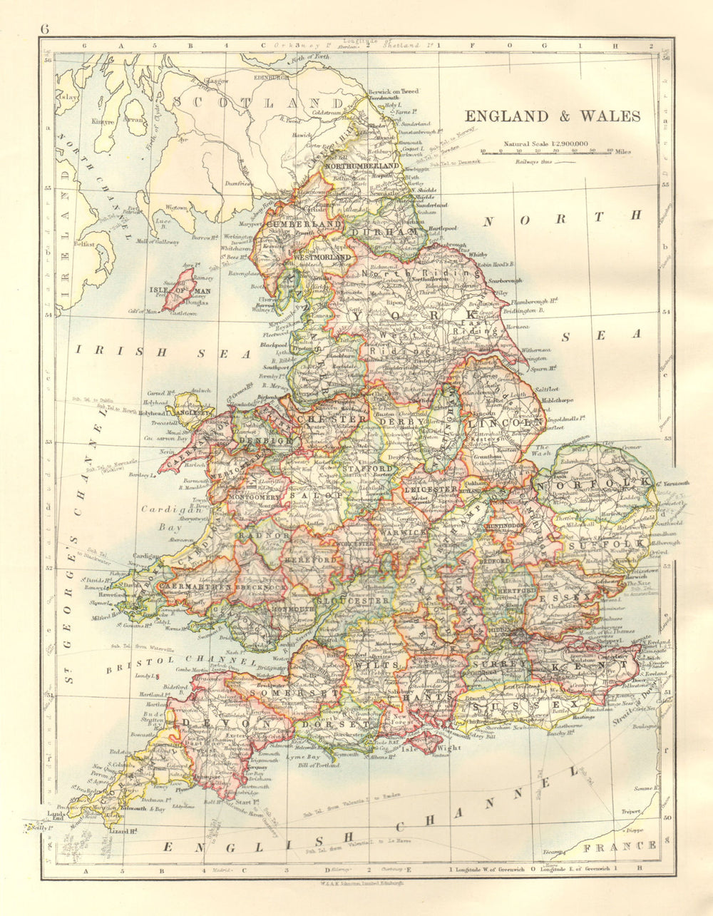 ENGLAND AND WALES. Counties. Westmorland. Telegraph cables. JOHNSTON 1920 map