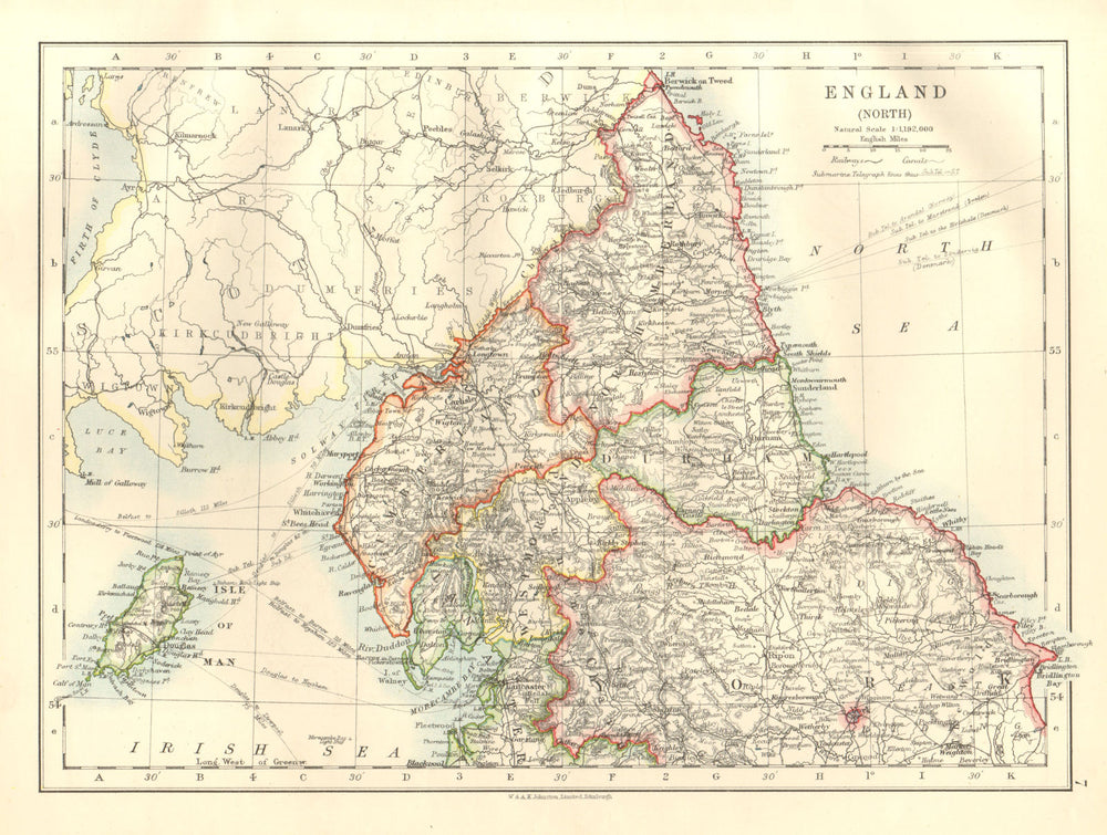 NORTHERN ENGLAND. Northumbs Durham Cumbs Westm N Yorks IOM. JOHNSTON 1920 map