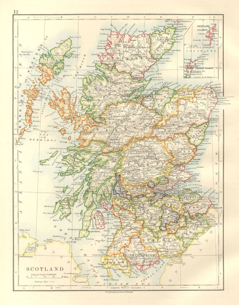 SCOTLAND. Counties. Undersea telegraph cables. JOHNSTON 1920 old antique map