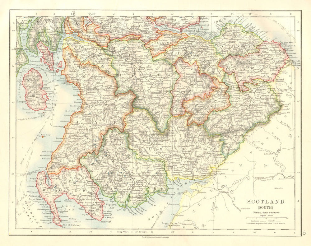 SOUTH SCOTLAND. Dumfries Galloway Lothian Borders Lanark Ayr. JOHNSTON 1920 map
