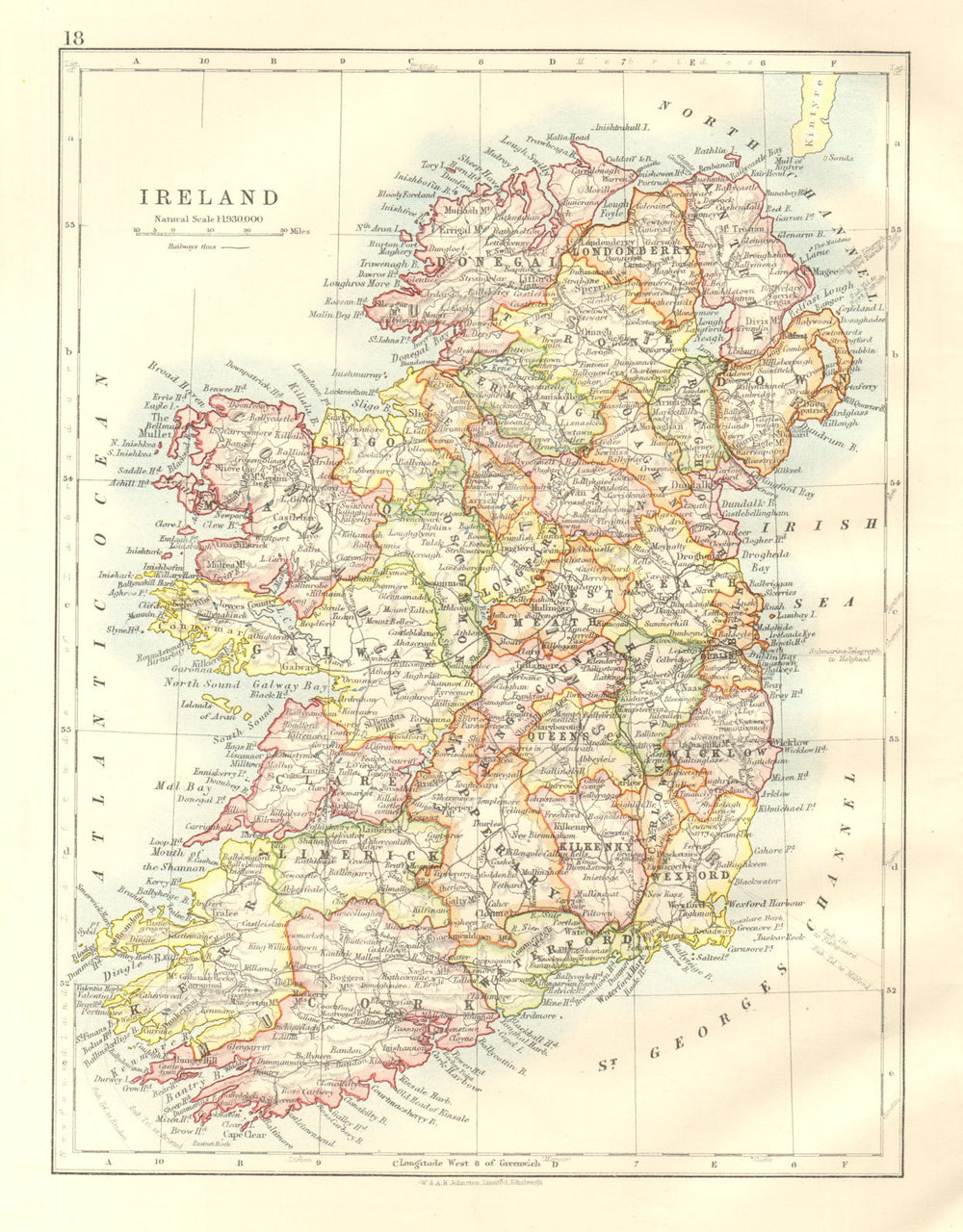 IRELAND. Showing counties. Undersea telegraph cables. JOHNSTON 1920 old map