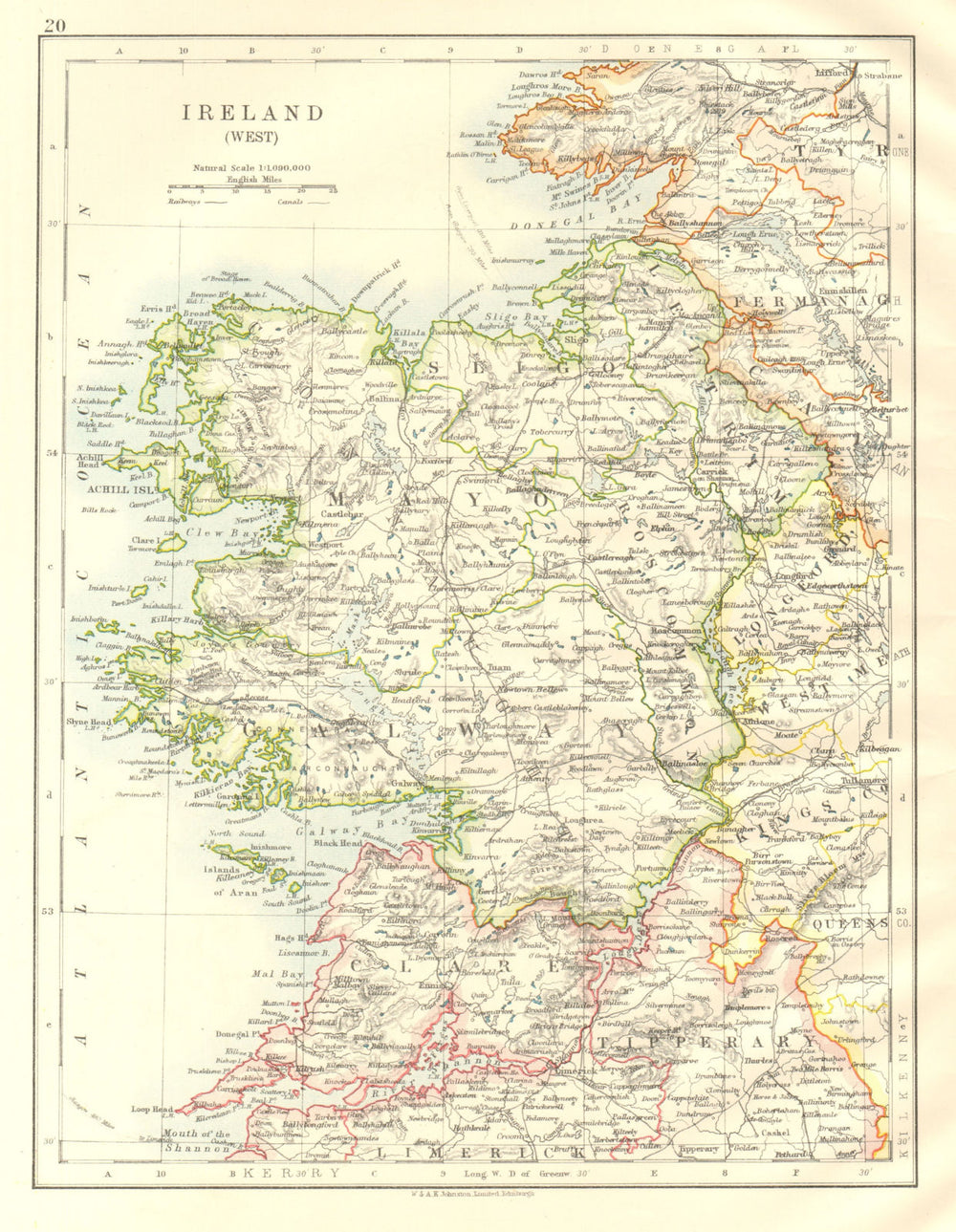 CONNACHT CONNAUGHT. Galway Mayo Sligo Leitrim. West Ireland. JOHNSTON 1920 map