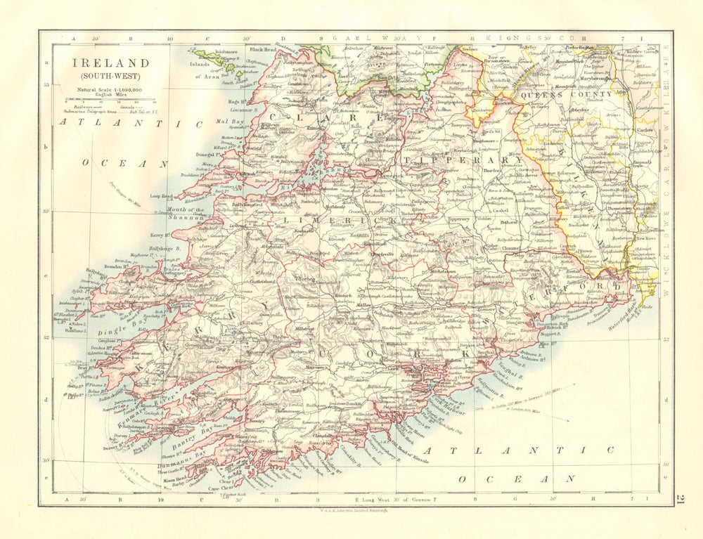 MUNSTER. Clare Cork Kerry Limerick Waterford &c.SW Ireland. JOHNSTON 1920 map