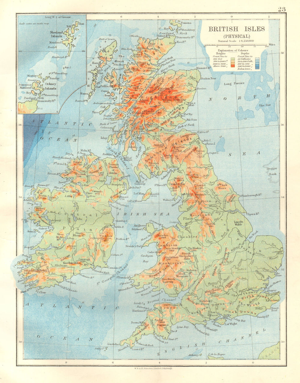BRITISH ISLES RELIEF. Showing isotherms in January & July. JOHNSTON 1920 map