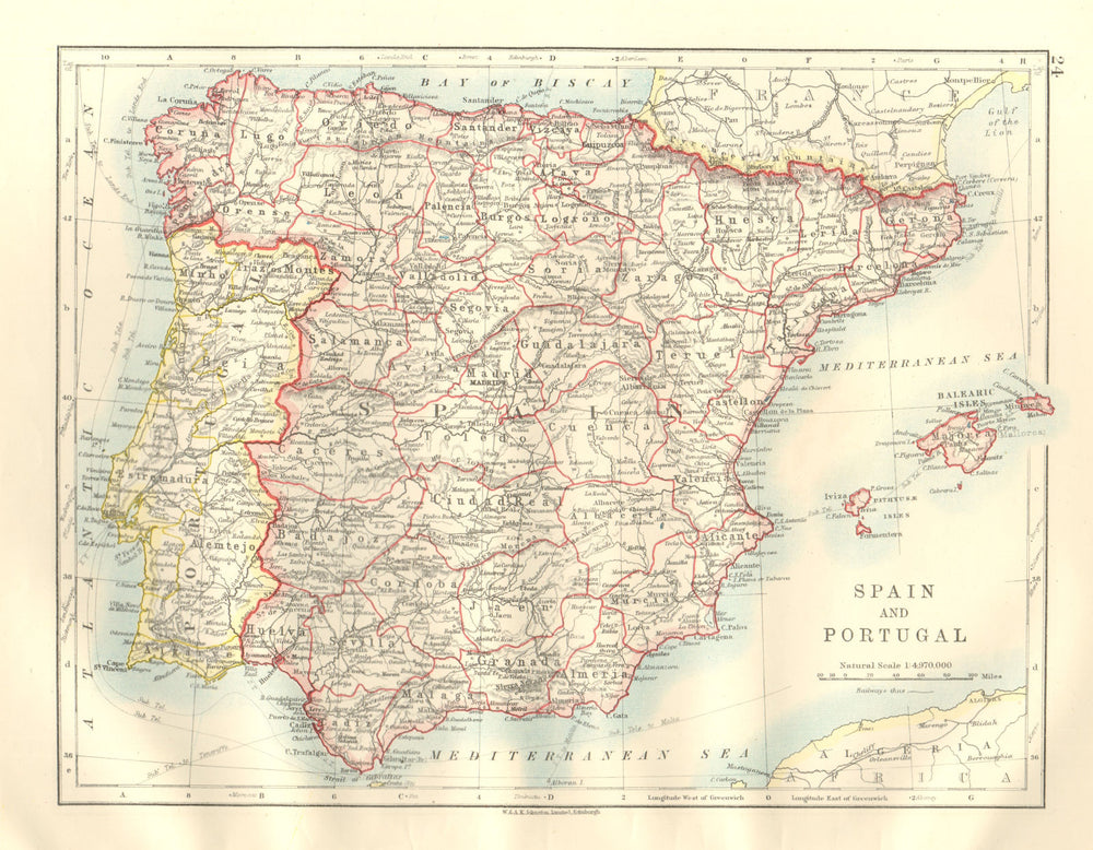 SPAIN AND PORTUGAL. Iberia. Provinces railways. Balearics. JOHNSTON 1920 map