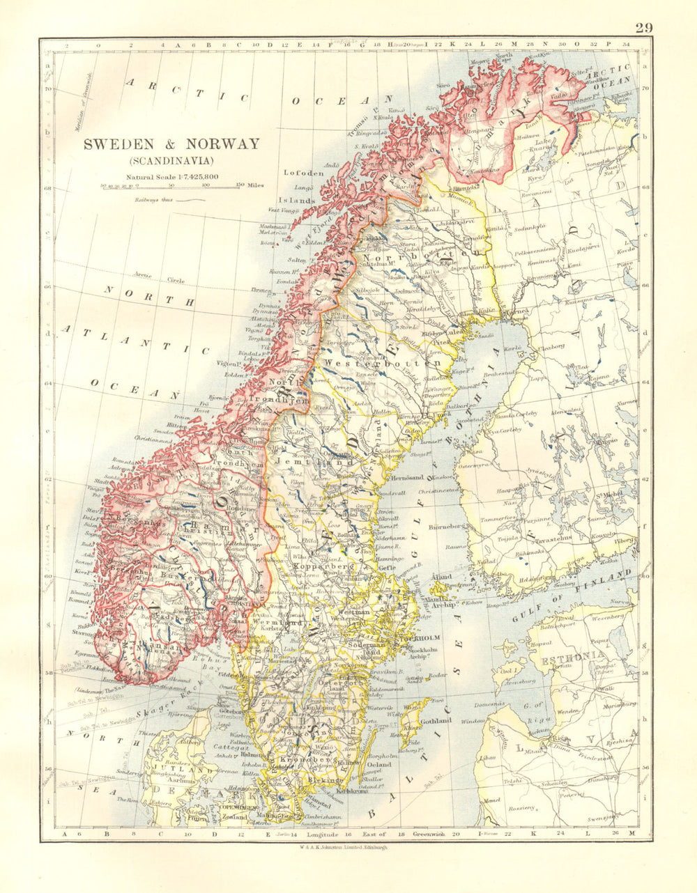 SCANDINAVIA. Sweden Norway.Railways Undersea telegraph cables. JOHNSTON 1920 map
