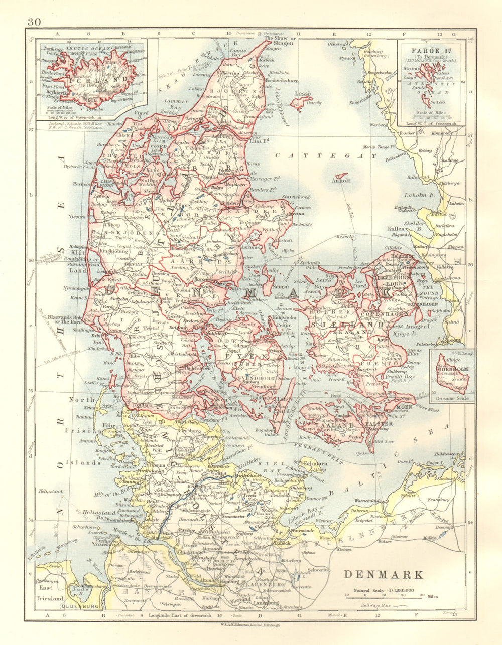 DENMARK & SLESVIG-HOLSTEN. Schleswig-Holstein. Iceland. JOHNSTON 1920 old map