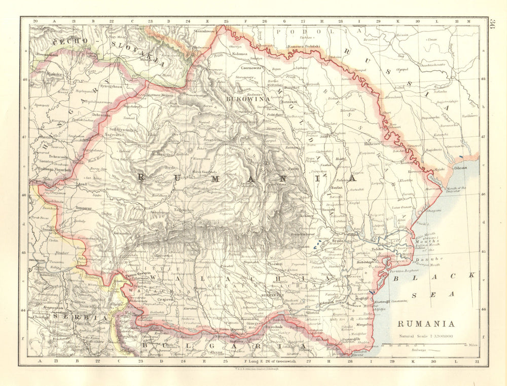 RUMANIA per Treaty of Trianon. Romania Wallachia Moldavia Bessarabia 1920 map