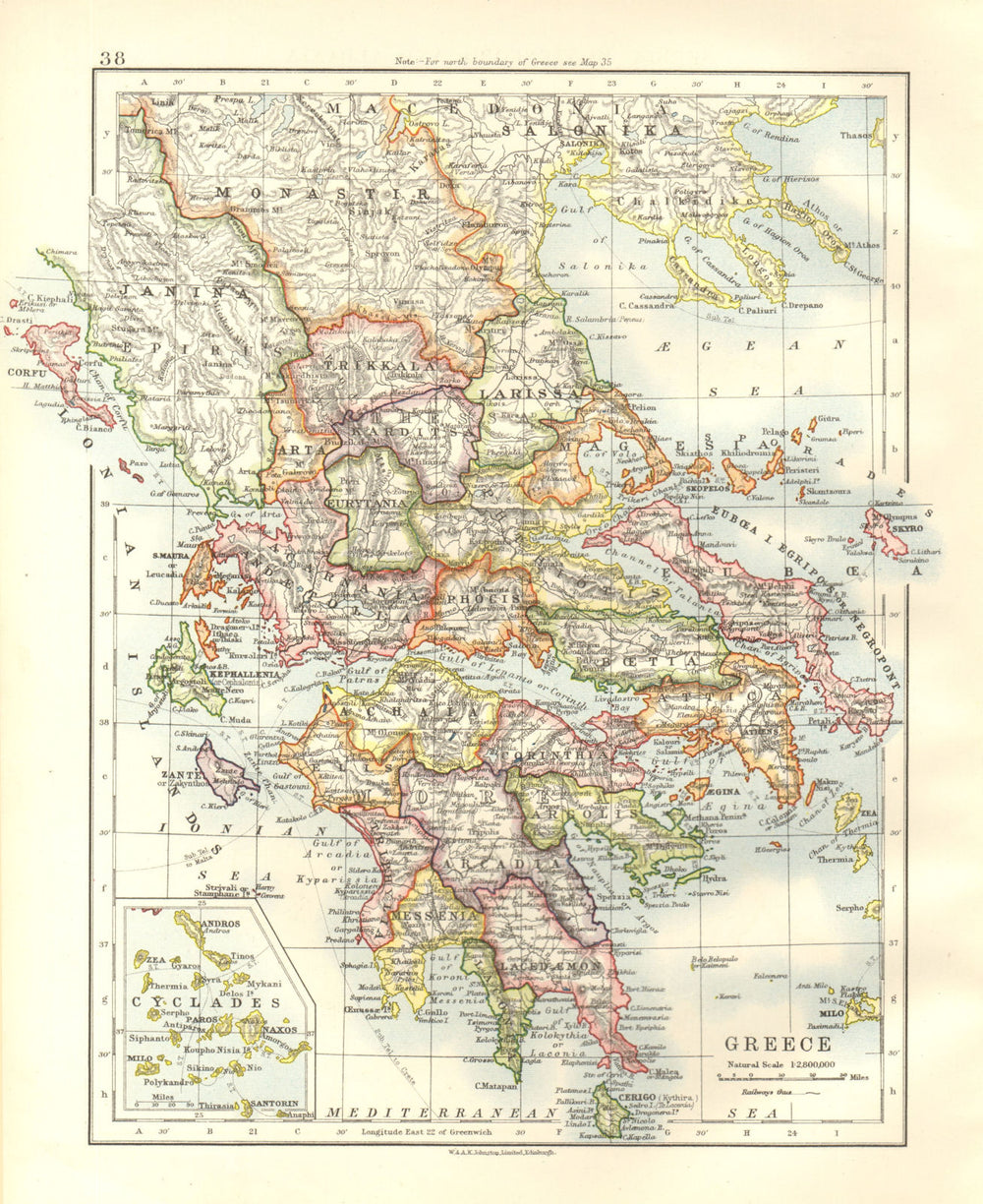 GREECE. Peloponnese Thessaly Attica Epirus Cyclades. JOHNSTON 1920 old map