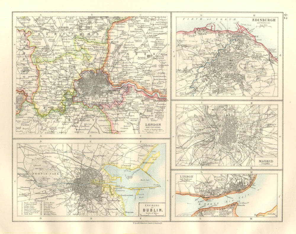 EUROPEAN CITIES. London Edinburgh Madrid Lisbon Dublin. JOHNSTON 1920 old map