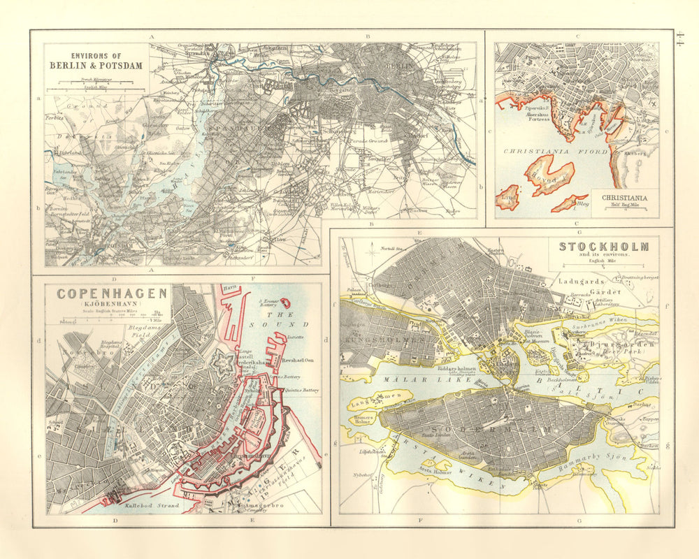 EUROPEAN CITIES. Berlin Copenhagen Stockholm Christiania/Oslo. JOHNSTON 1920 map