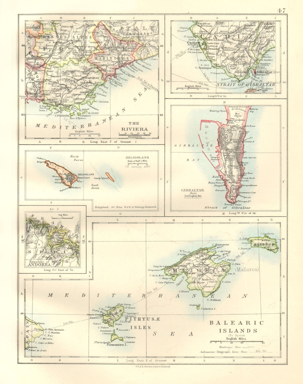 EUROPE.Balearic islands.Heligoland Gibraltar Andorra Riviera. JOHNSTON 1920 map
