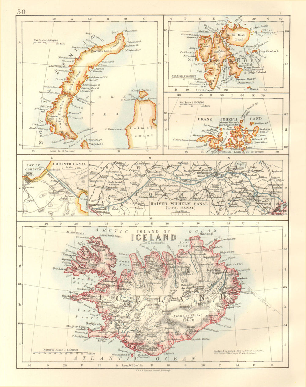 ARCTIC ISLANDS & KIEL CANAL.Iceland Spitsbergen Novaya Zemlya 1920 old map