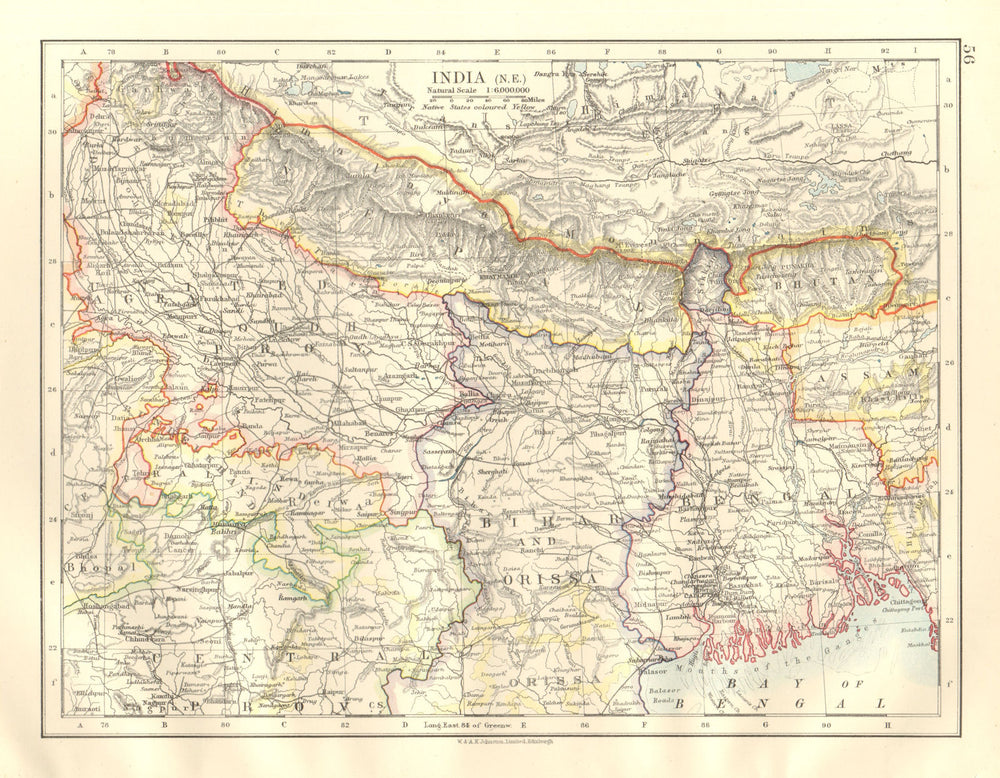 BRITISH INDIA NE. Bengal Nepal Bhutan Calcutta Bihar Orissa. JOHNSTON 1920 map