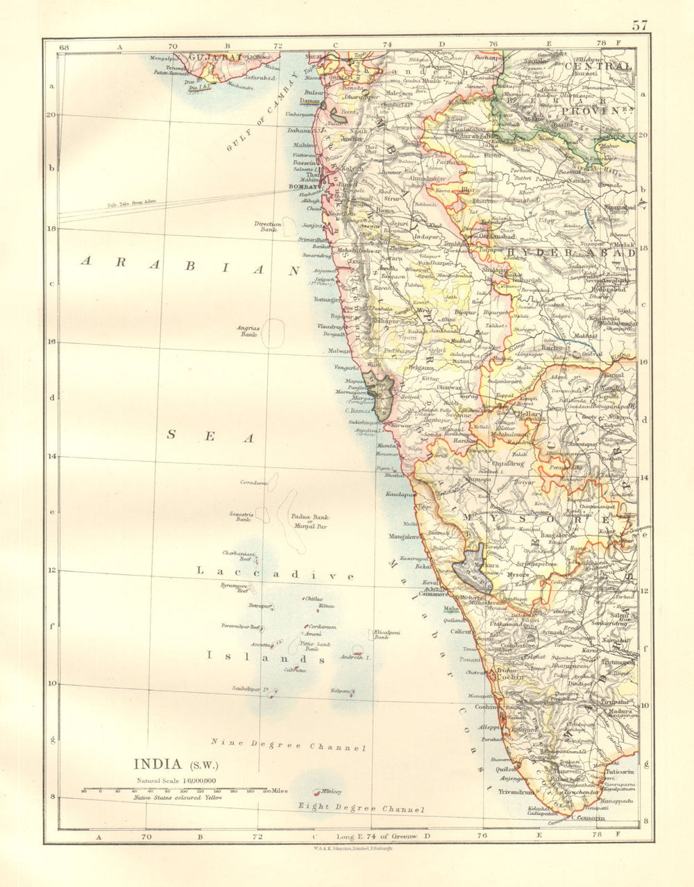 BRITISH INDIA SW.Bombay Mysore Malabar Coast Lakkadives Kerala 1920 old map