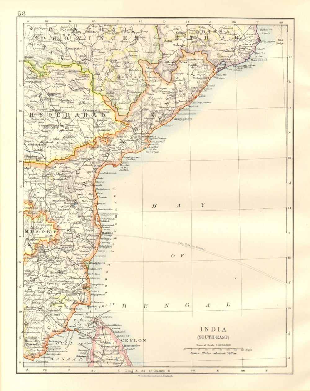 BRITISH INDIA SE. Madras Hyderabad Coromandel Coast. JOHNSTON 1920 old map