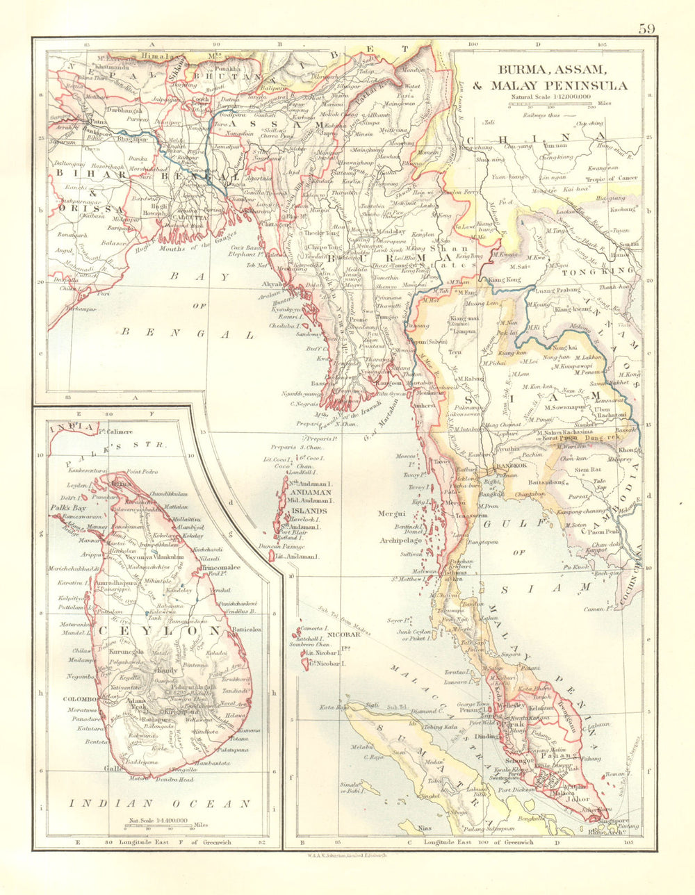 BURMA CEYLON SIAM MALAY PENINSULA. Assam Singapore Thailand 1920 old map