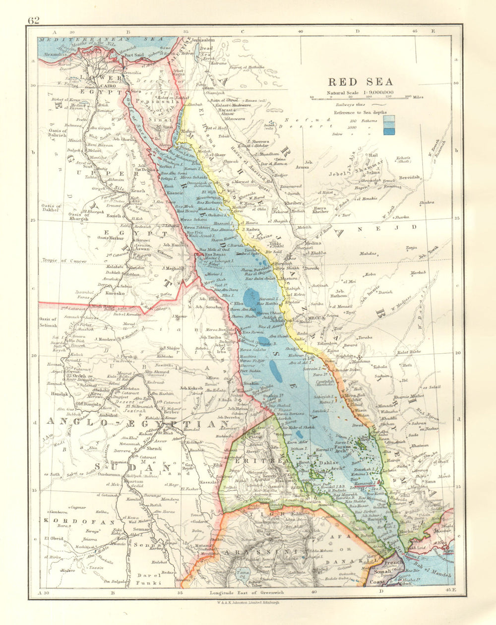 RED SEA. Egypt Eritrea Hedjaz Asir Yemen. Nile valley. Sudan. JOHNSTON 1920 map
