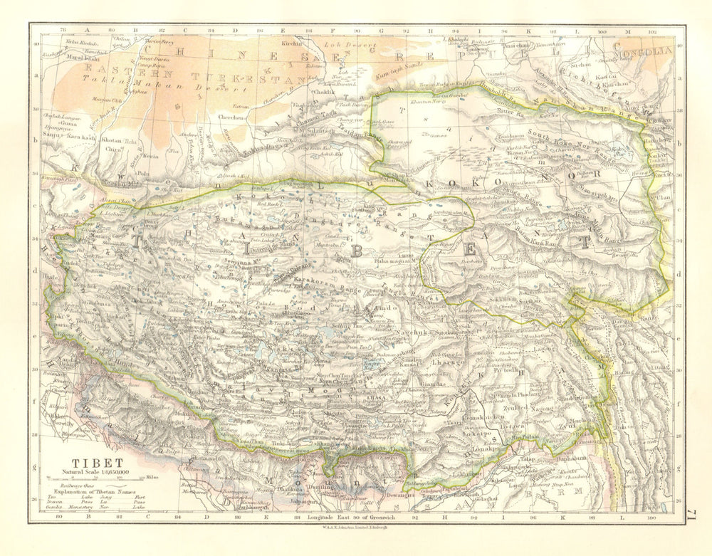 TIBET. Lhasa Chang Tang Himalayas Taklamakan desert. JOHNSTON 1920 old map