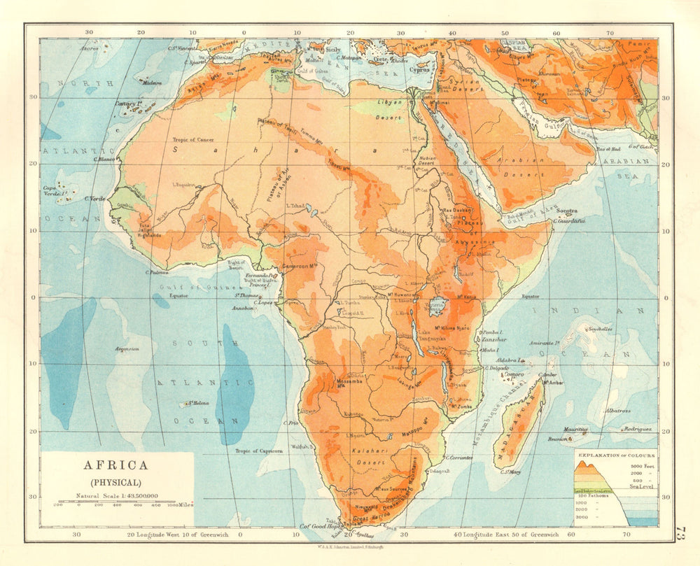 AFRICA PHYSICAL. Relief ocean depths rivers. JOHNSTON 1920 old antique map