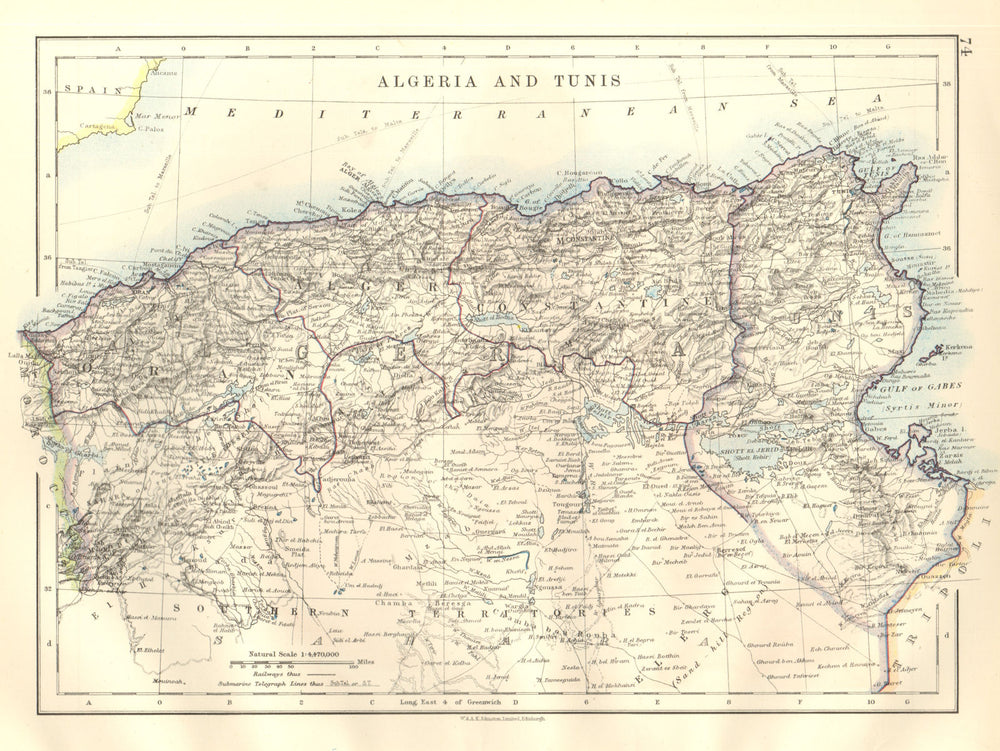 ALGERIA & TUNIS. Maghreb Tunisia. Provinces. Telegraph cables. JOHNSTON 1920 map