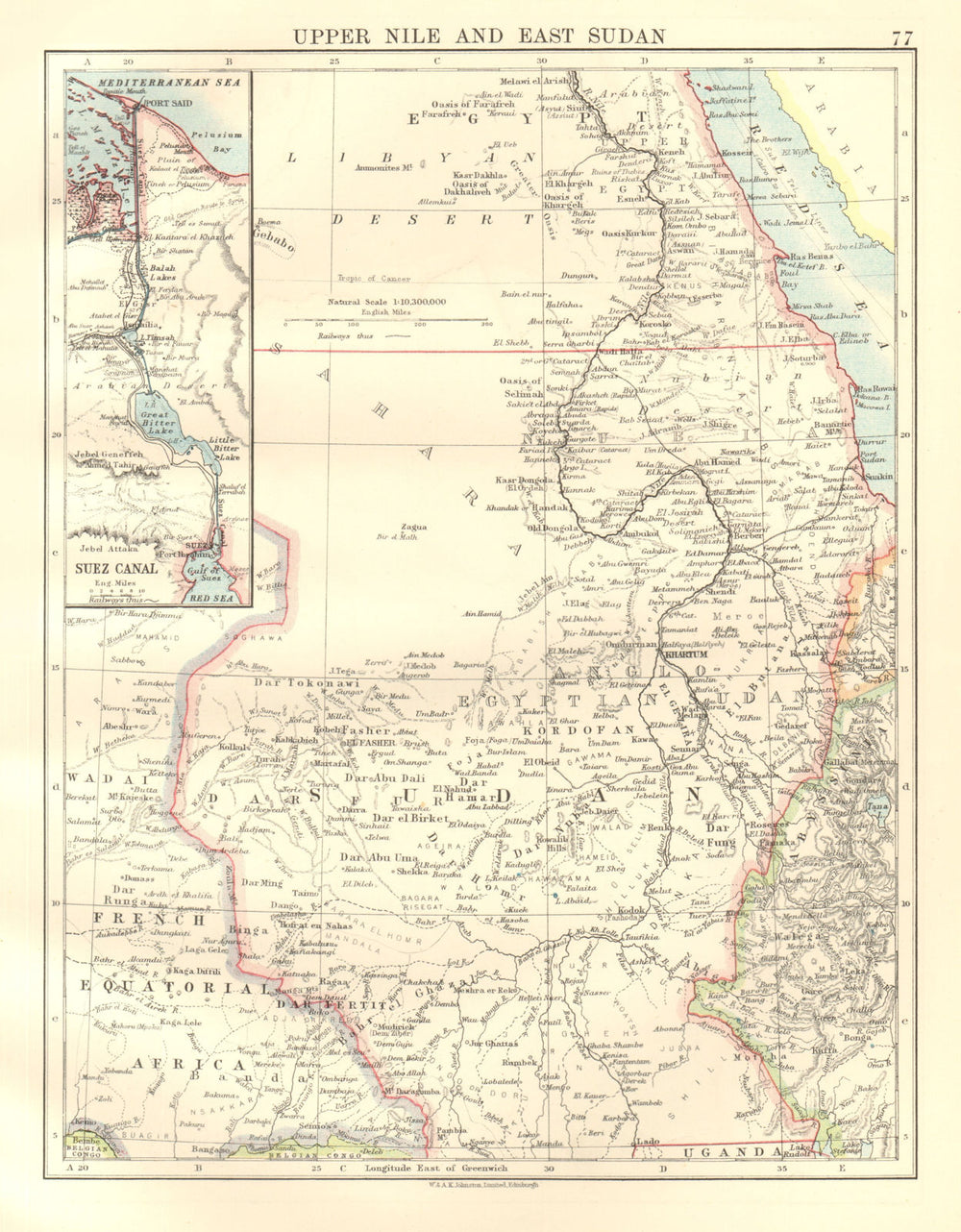 UPPER NILE, EAST SUDAN & SUEZ CANAL. Khartoum.White/Blue Nile. JOHNSTON 1920 map