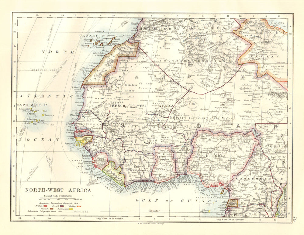 COLONIAL/FRENCH WEST AFRICA. Spanish Guinea. Rio de Oro. Nigeria 1920 old map