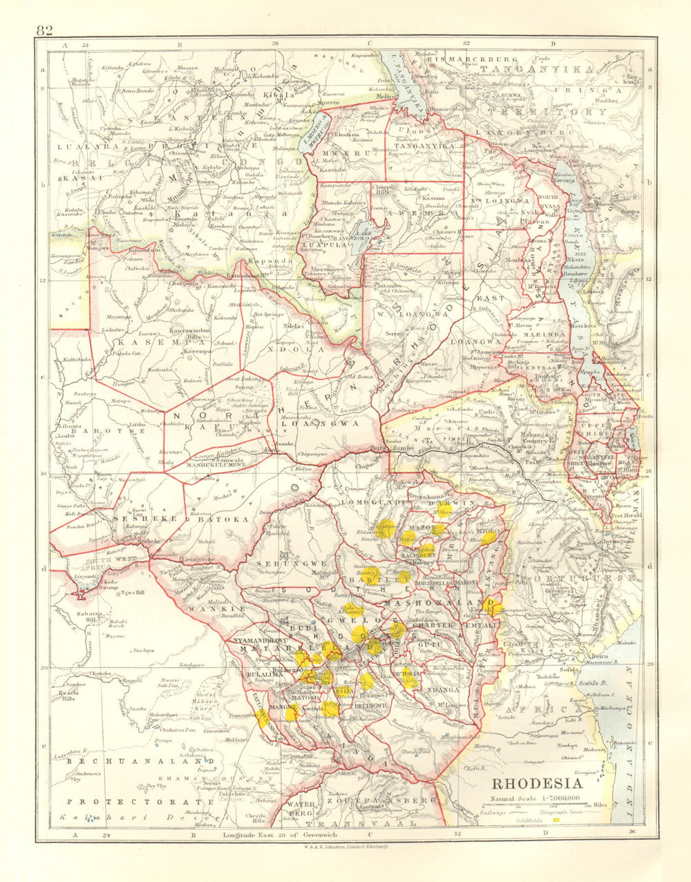 RHODESIA. Goldfields (yellow). Zambesia. Zambia Malawi Zimbabwe 1920 map
