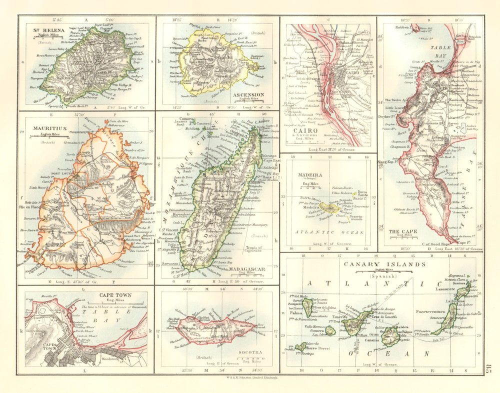 AFRICAN ISLANDS.Mauritius Madagascar Madeira Canaries St Helena 1920 old map