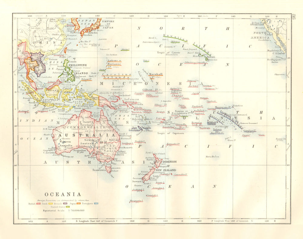 COLONIAL OCEANIA PACIFIC.British Dutch Spanish French Japanese 1920 old map