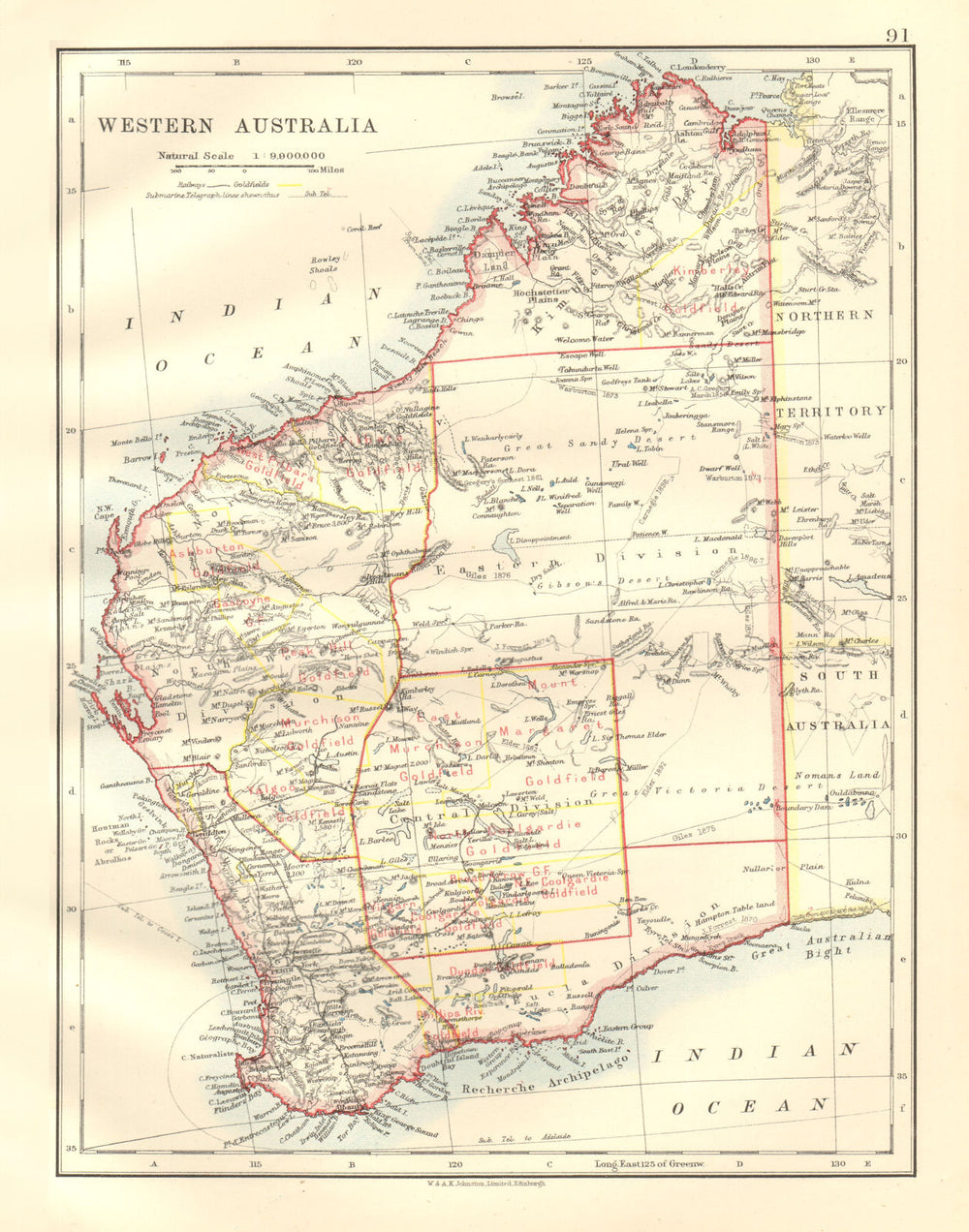 WESTERN AUSTRALIA. Goldfields Explorers routes Giles Forrest Warburton 1920 map