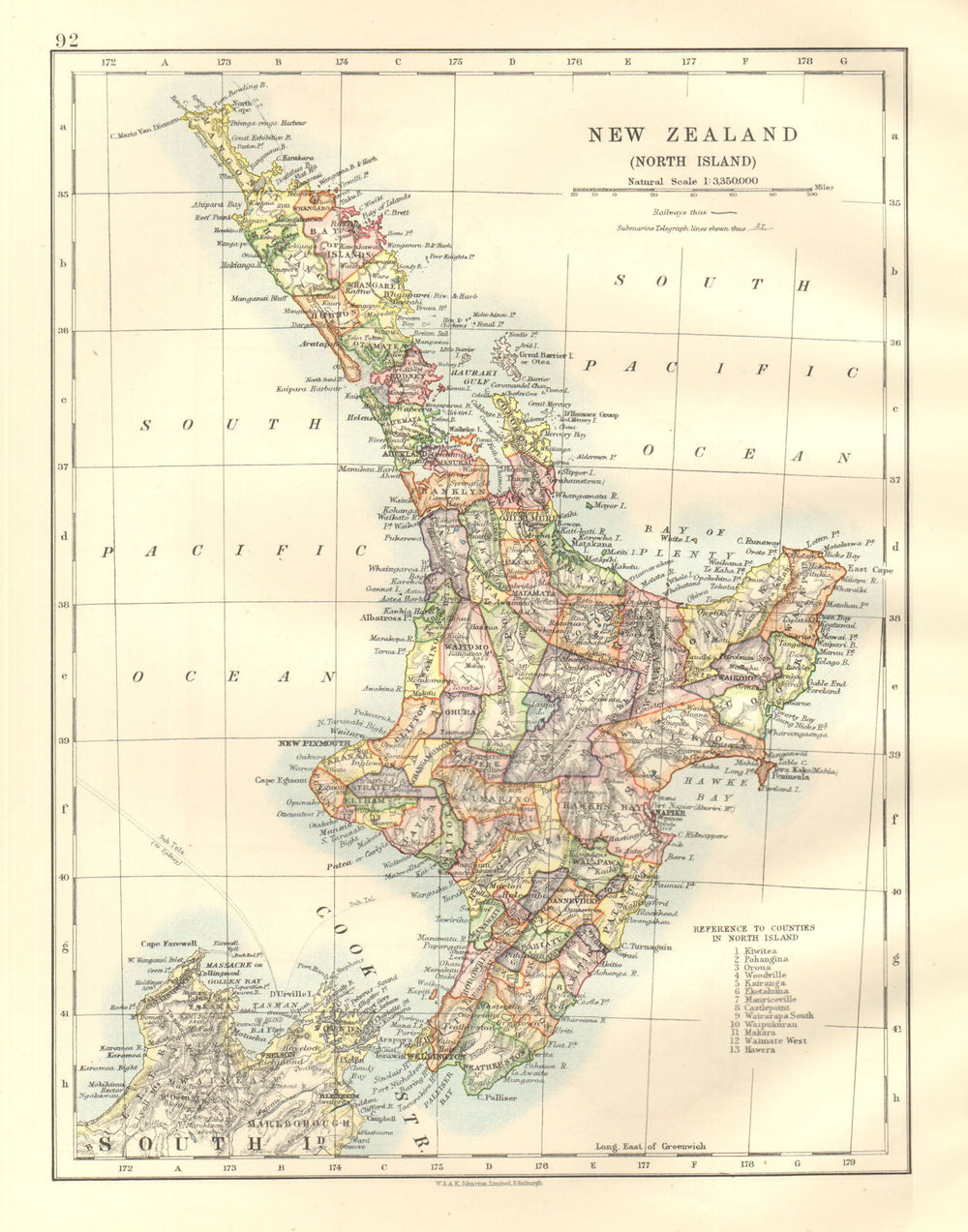 NORTH ISLAND NEW ZEALAND. Showing counties telegraph cables. JOHNSTON 1920 map