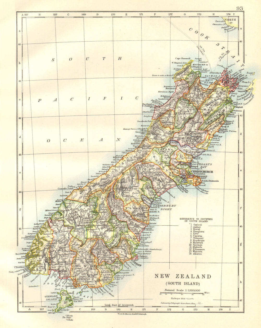 SOUTH ISLAND NEW ZEALAND. Showing counties. Telegraph cables. JOHNSTON 1920 map