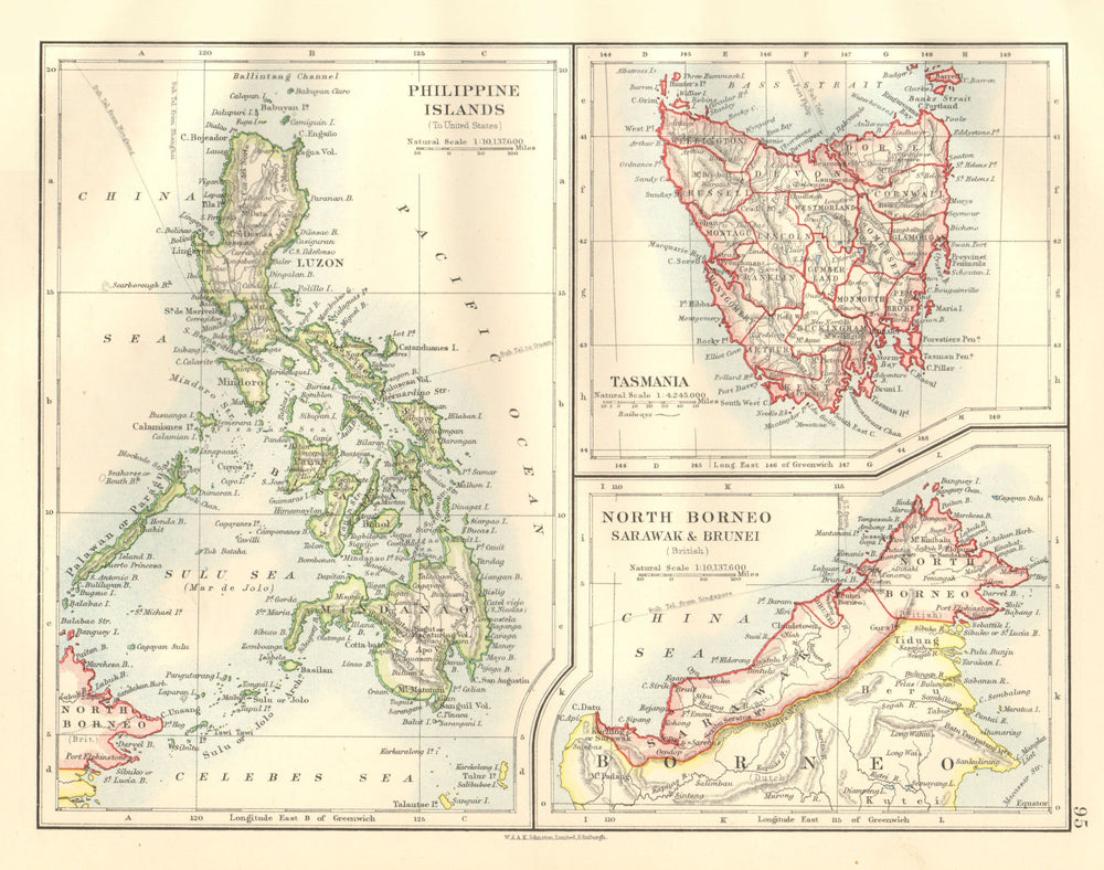 EAST ASIA. Philippines Tasmania North Borneo Brunei Sarawak. JOHNSTON 1920 map