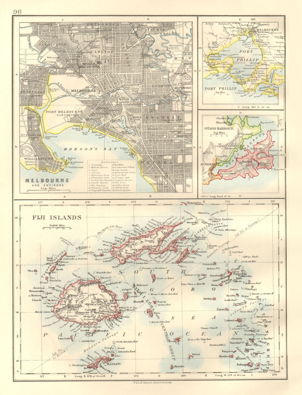 AUSTRALASIA. Melbourne plan. Fiji Viti/Vanua Levu. Otago Port Phillip 1920 map