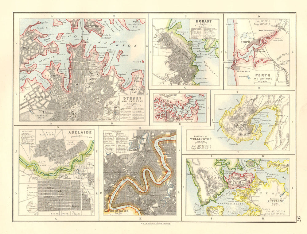 AUSTRALIA NZ CITIES. Sydney Hobart Perth Adelaide Brisbane Auckland 1920 map