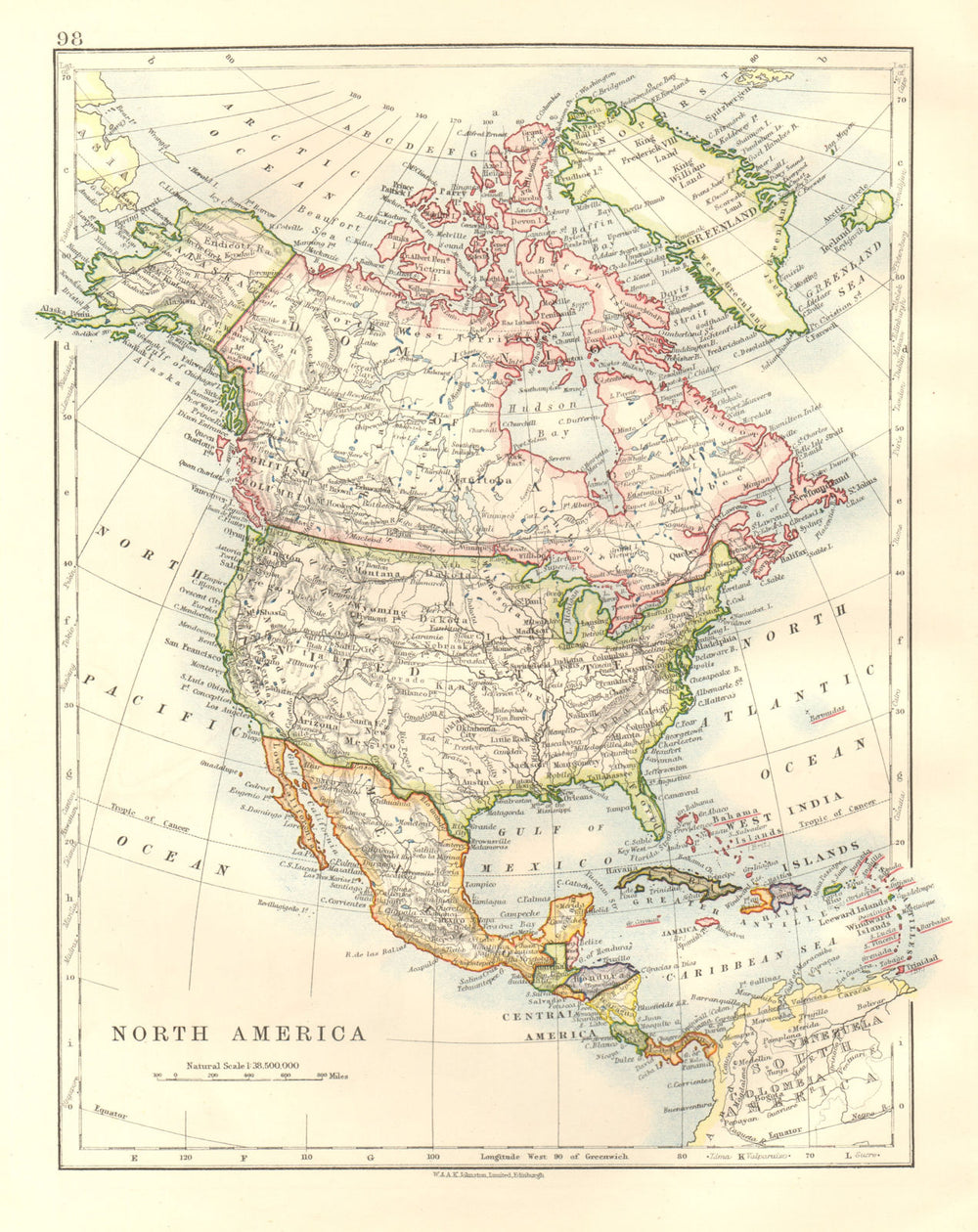 NORTH AMERICA POLITICAL. Greenland USA Canada Mexico. JOHNSTON 1920 old map