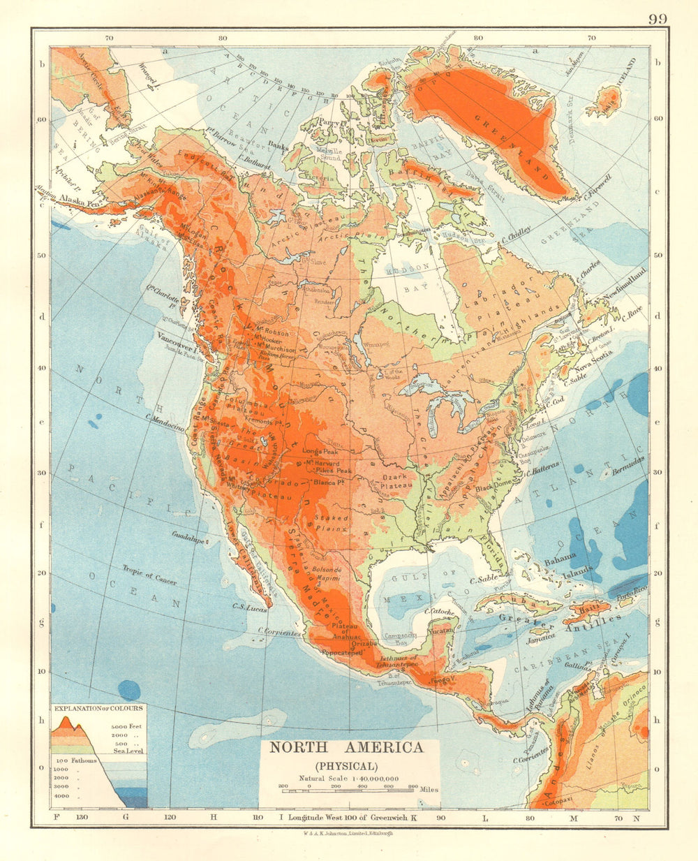 NORTH AMERICA PHYSICAL. Relief. Key mountains heights. Ocean depths  1920 map